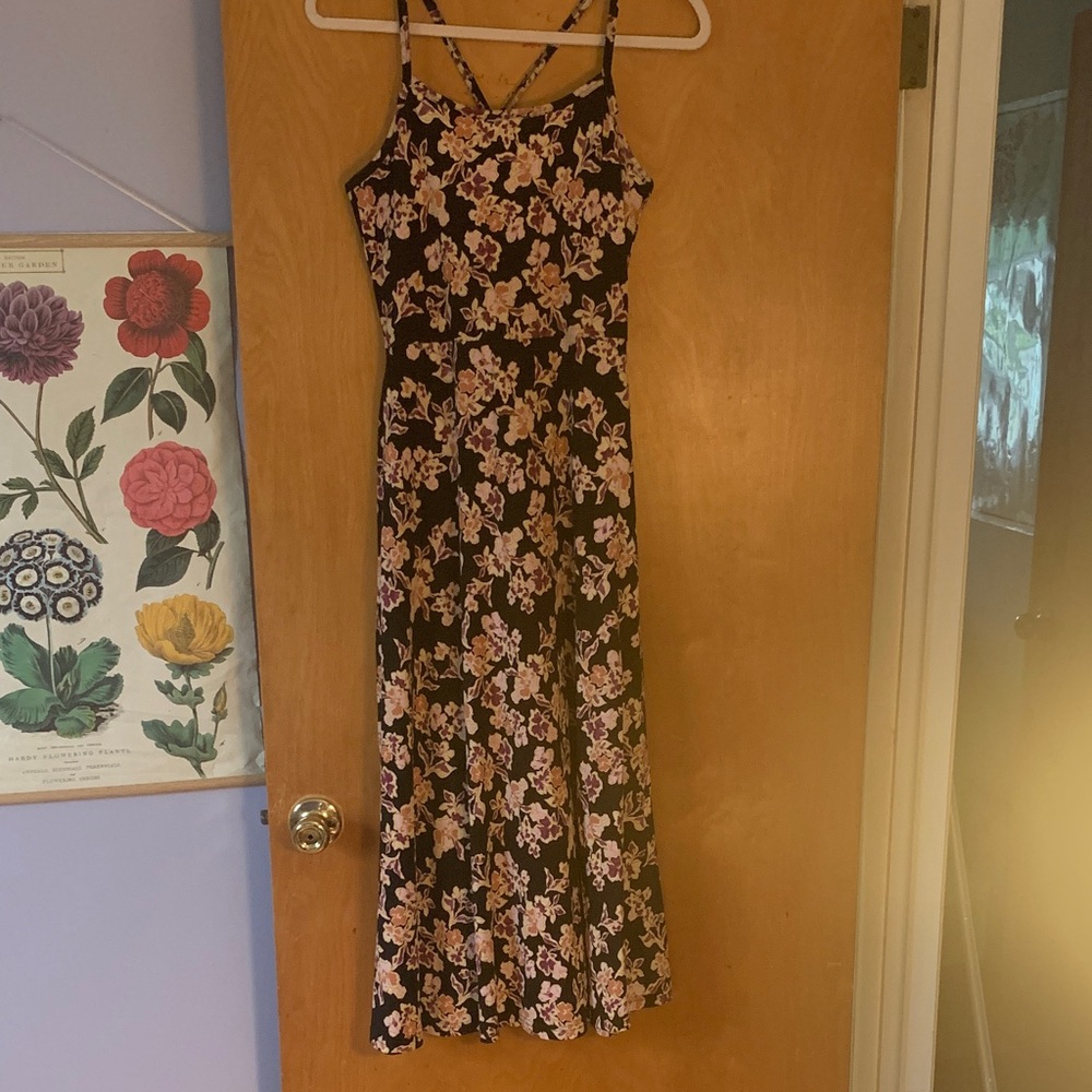 Pact organic cotton shelf bra, midi Dress - Black with Pink Floral. Pockets.
